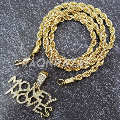 MENS ICED GOLD HUNCHO MONEY MOVES PENDANT 4mm ROPE / FRANCO CHAIN NECKLACE - Raonhazae