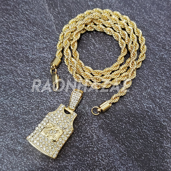 MENS ICED GOLD PLATED MJ 23 BASKETBALL JERSEY PENDANT 4mm ROPE / FRANCO CHAIN - Raonhazae