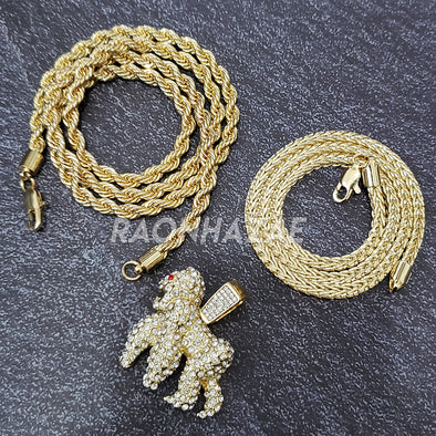 MENS ICED GOLD PLATED KING KONG GORILLA PENDANT 4mm ROPE / FRANCO CHAIN - Raonhazae