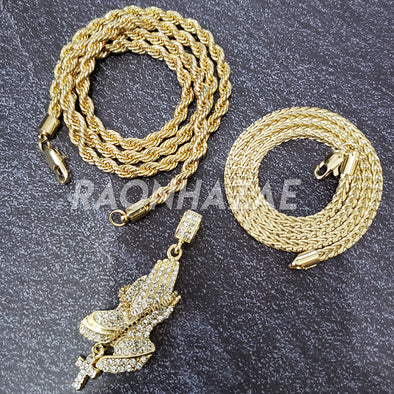 MENS ICED GOLD PLATED JESUS PRAYINGS HANDS PENDANT 4mm ROPE / FRANCO CHAIN - Raonhazae