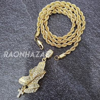MENS ICED GOLD PLATED JESUS PRAYINGS HANDS PENDANT 4mm ROPE / FRANCO CHAIN - Raonhazae