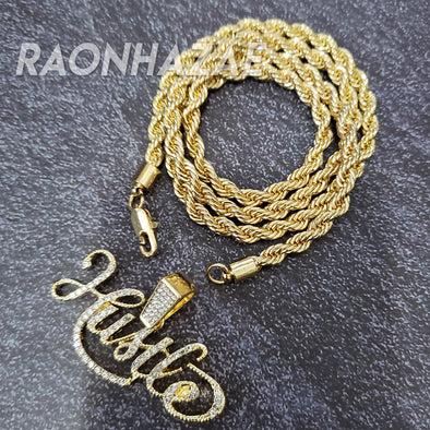 MENS ICED GOLD PLATED HUSTLE FOREVER PENDANT 4mm ROPE / FRANCO CHAIN - Raonhazae