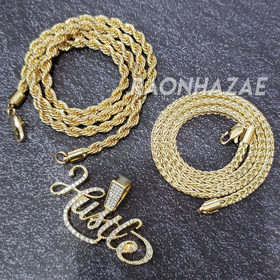 MENS ICED GOLD PLATED HUSTLE FOREVER PENDANT 4mm ROPE / FRANCO CHAIN - Raonhazae