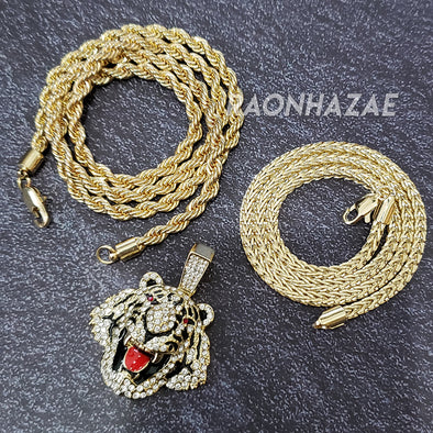 MENS ICED GOLD PLATED DRAKE TIGER BLING PENDANT 4mm ROPE / FRANCO CHAIN - Raonhazae
