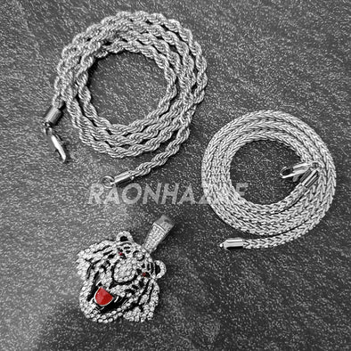 MENS ICED WHITE GOLD PLATED DRAKE LION BLING PENDANT 4mm ROPE / FRANCO CHAIN - Raonhazae