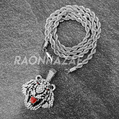 MENS ICED WHITE GOLD PLATED DRAKE LION BLING PENDANT 4mm ROPE / FRANCO CHAIN - Raonhazae