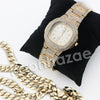 HIP HOP RAONHAZAE GOLD FINISHED LAB DIAMOND WATCH CUBAN CHAIN SET16 - Raonhazae