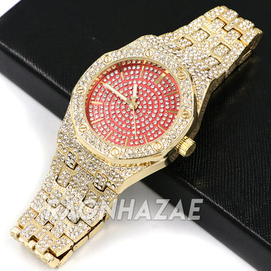 Raonhazae Men's Red/Gold Hip Hop Iced Bezel Lab Diamond Watch - G02 - Raonhazae