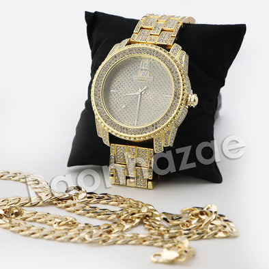 HIP HOP RAONHAZAE JEEZY GOLD FINISHED LAB DIAMOND WATCH CUBAN CHAIN SET5 - Raonhazae