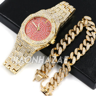 Raonhazae Hip Hop Iced Lab Diamond  Watch and 15mm Cuban Link Bracelet Set - Raonhazae