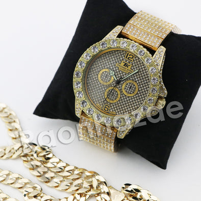 HIP HOP RAONHAZAE GOLD FINISHED LAB DIAMOND WATCH CUBAN CHAIN SET13 - Raonhazae