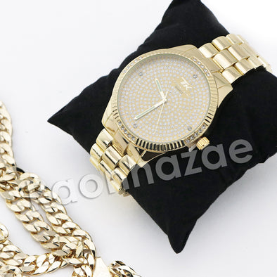 HIP HOP RAONHAZAE GOLD FINISHED LAB DIAMOND WATCH CUBAN CHAIN SET8 - Raonhazae