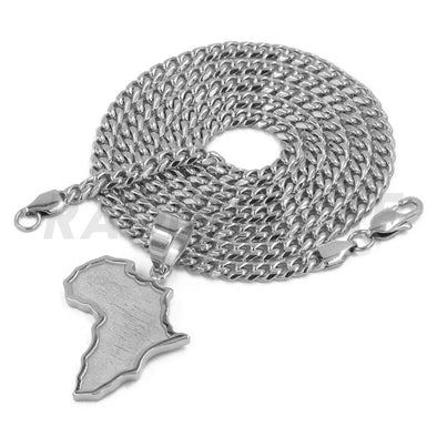 Stainless Steel Solid Silver Africa Map Pendant w/ 5mm Miami Cuban Chain - Raonhazae
