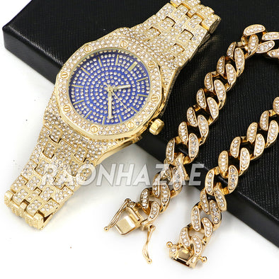 Raonhazae Iced Lab Diamond Watch w/ 15mm Cuban Link Bracelet Set - Raonhazae