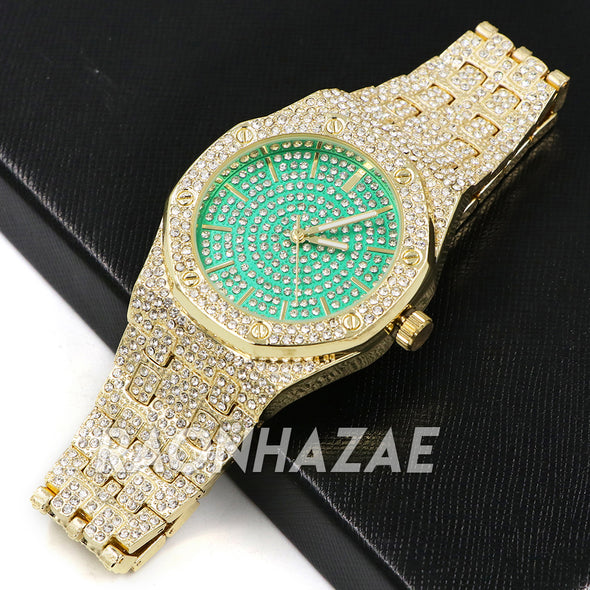 Raonhazae Men's Green/Gold Simulated Hip Hop Iced Bezel Lab Diamond Watch - G05 - Raonhazae
