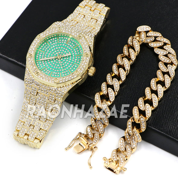 Raonhazae Hip Hop Lab Diamond Watch w/ 15mm Cuban Link Bracelet Set - Raonhazae