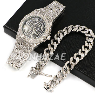 Hip Hop Iced Raonhazae Lab Diamond Drake Watch w/ 15mm Cuban Link Bracelet Set - Raonhazae