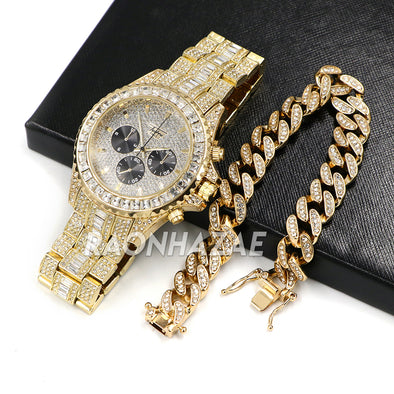 Hip Hop Iced Raonhazae Lab Diamond Drake Watch and 12mm Cuban Link Bracelet Set - Raonhazae