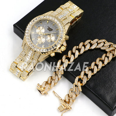 Hip Hop Iced Raonhazae Lab Diamond Watch and 12mm Cuban Link Bracelet Set - Raonhazae