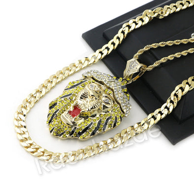 BIG KING LION CHARM ROPE CHAIN DIAMOND CUT 30" CUBAN CHAIN NECKLACE 54 - Raonhazae