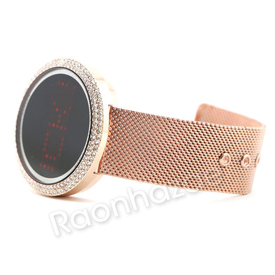 New Rose Gold Digital Smart Watch Mash Band Ruby Cuban Bracelet Set 58 - Raonhazae