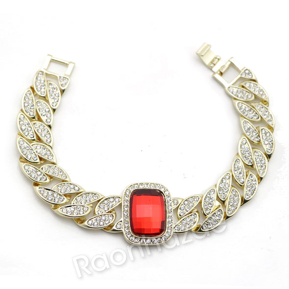 14K Gold PT Square Shape Black Band Watch Ruby Cuban Bracelet Set F67G - Raonhazae