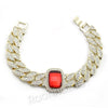 Men 14K Gold PT Big Face Watch Ruby Cuban Chain Bling Bracelet Set F64G - Raonhazae