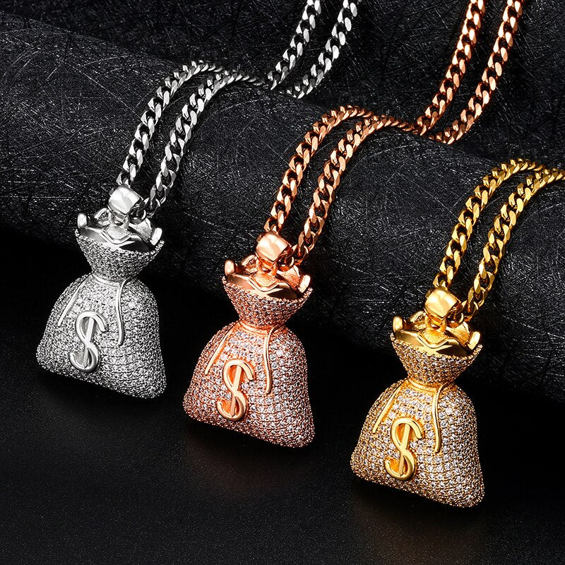 Classic US Dollar Money Bag Pendant necklace Double Side Charm Gold Silver Cubic Zircon Men's Hip Hop Jewelry Free Cuban Chain