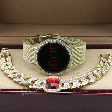 New 14K Gold Digital Smart Watch Mash Band Ruby Cuban Bracelet Set 60G - Raonhazae