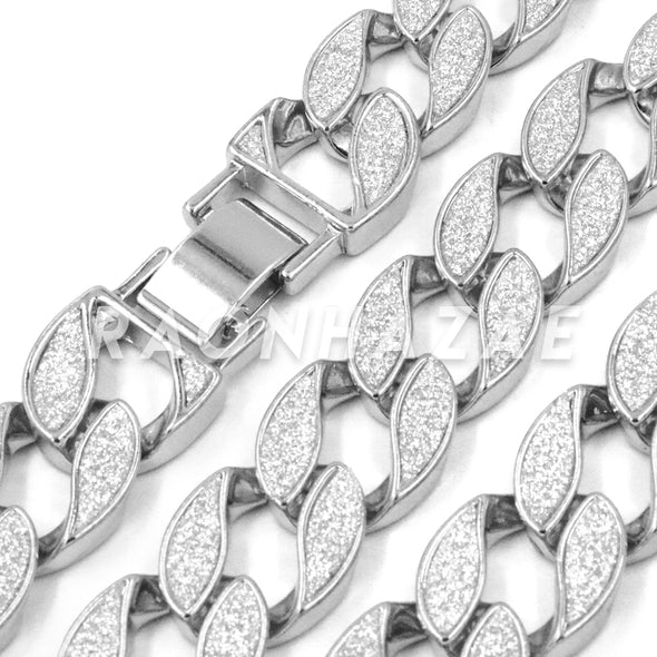 14K White Gold 18mm Glitter Sandblasted 8.5" - 36" Flat Miami Cuban Chain - Raonhazae