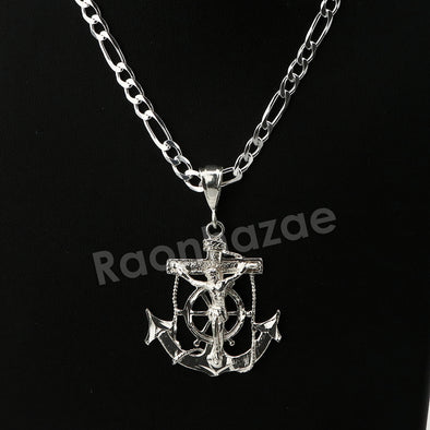 Italian .925 Sterling Silver CRUCIFIX ANCHOR Pendant 5mm Figaro Necklace S07 - Raonhazae