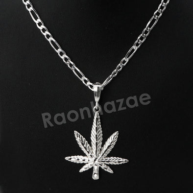 Italian .925 Sterling Silver Marijuana Leaf Pendant 5mm Figaro Necklace S02 - Raonhazae
