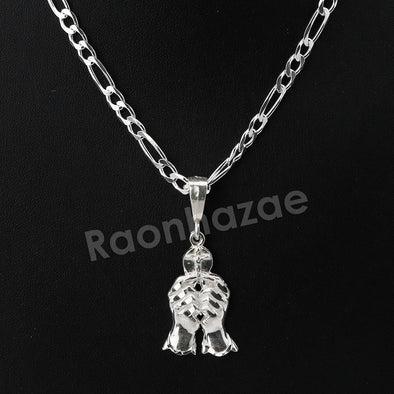 Italian .925 Sterling Silver PRAYING HANDS CROSS Pendant 5mm Figaro Necklace S06 - Raonhazae