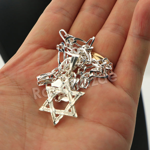 .925 Italian Sterling Silver SIX point STAR OF DAVID Pendant 5mm Figaro Necklace - Raonhazae