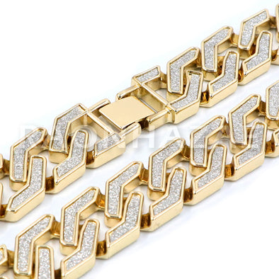 14K Gold Plated Glitter SandBlasted Curb Hex 18mm Cuban Chain - Raonhazae