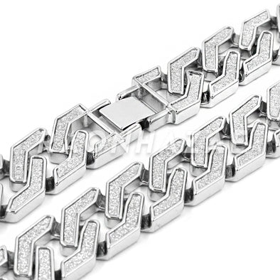 14K White Gold Plated Glitter SandBlasted Curb Hex 18mm Cuban Chain - Raonhazae