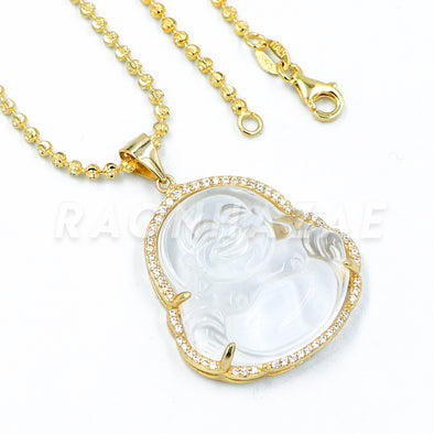 .925 Sterling Silver GOLD Plated Smiling Chubby Buddha (Clear Jade) Pendant w/ Moon Cut Ball Chain - Raonhazae