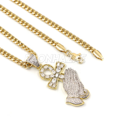 Lab Diamond 14K Gold PT Praying Hands Ankh Cross Pendant w/ 24" Cuban Chain B011G - Raonhazae