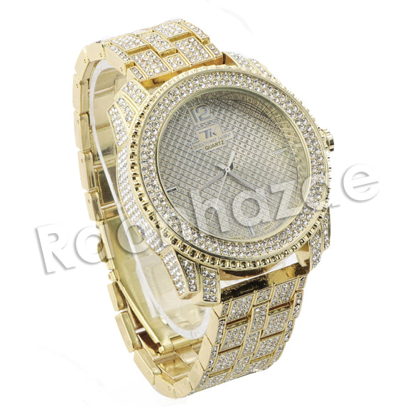 HIP HOP RAONHAZAE JEEZY GOLD FINISHED LAB DIAMOND WATCH CUBAN CHAIN SET5 - Raonhazae