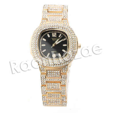 HIP HOP RAONHAZAE GOLD FINISHED LAB DIAMOND WATCH CUBAN CHAIN SET10 - Raonhazae