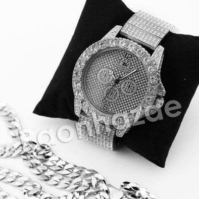 HIPHOP RAONHAZAE SILVER LAB DIAMOND WATCH MIAMI CUBAN CHAIN SX8 - Raonhazae