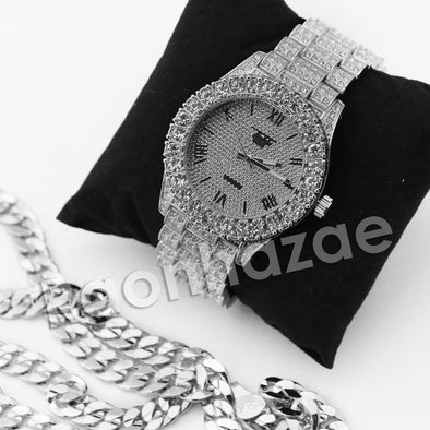 HIPHOP RAONHAZAE SILVER LAB DIAMOND WATCH MIAMI CUBAN CHAIN SX5 - Raonhazae