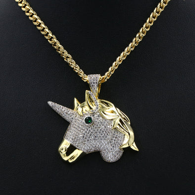 Hiphop Unicorn Brass Pendant W/ 5mm 18-30 inches Cuban Chain - Raonhazae