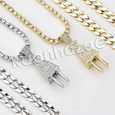 Micro Pave Electric Plug Pendant w/ 18" Tennis / 30" Cuban Chain X1 - Raonhazae