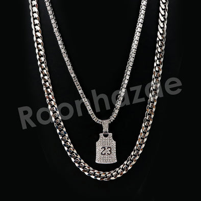 Micro Pave Number 23 Jersey Pendant w/ 18" Tennis / 30" Cuban Chain X3 - Raonhazae