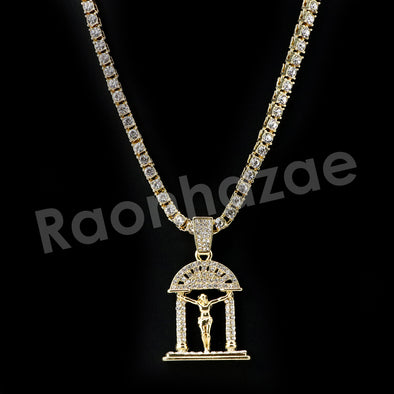 Micro Pave Jesus Cross Pendant w/ 18" Tennis / 30" Cuban Chain X3 - Raonhazae