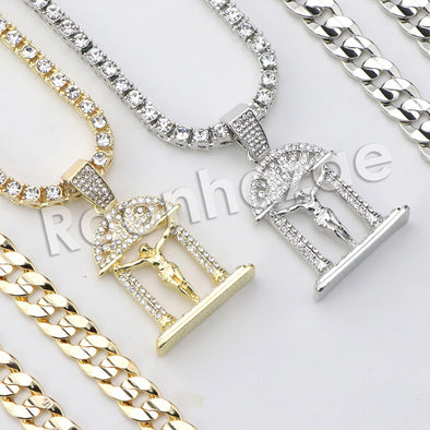 Micro Pave Jesus Cross Pendant w/ 18" Tennis / 30" Cuban Chain X3 - Raonhazae