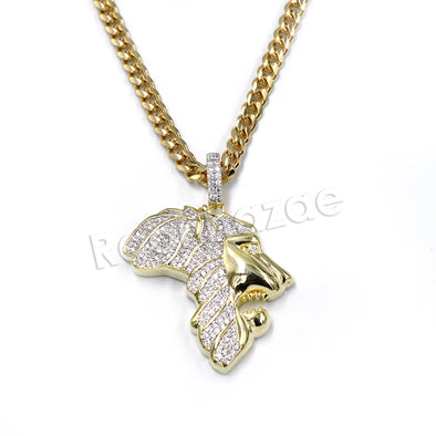 Hiphop Africa Lion Face Brass Pendant W/ 5mm 18-30 inches Cuban Chain - Raonhazae