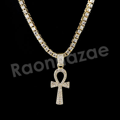 Micro Pave Ankh Cross Pendant w/ 18" Tennis / 30" Cuban Chain - Raonhazae