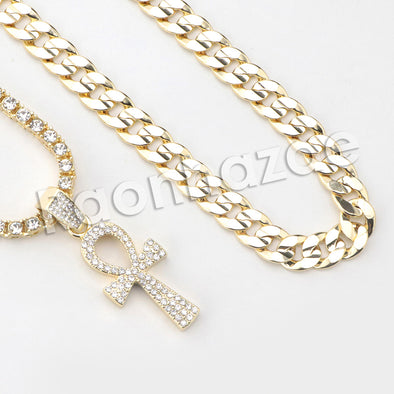 Micro Pave Ankh Cross Pendant w/ 18" Tennis / 30" Cuban Chain - Raonhazae